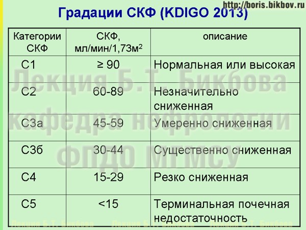 Уровни снижения скорости клубочковой фильтрации по классификации KDIGO